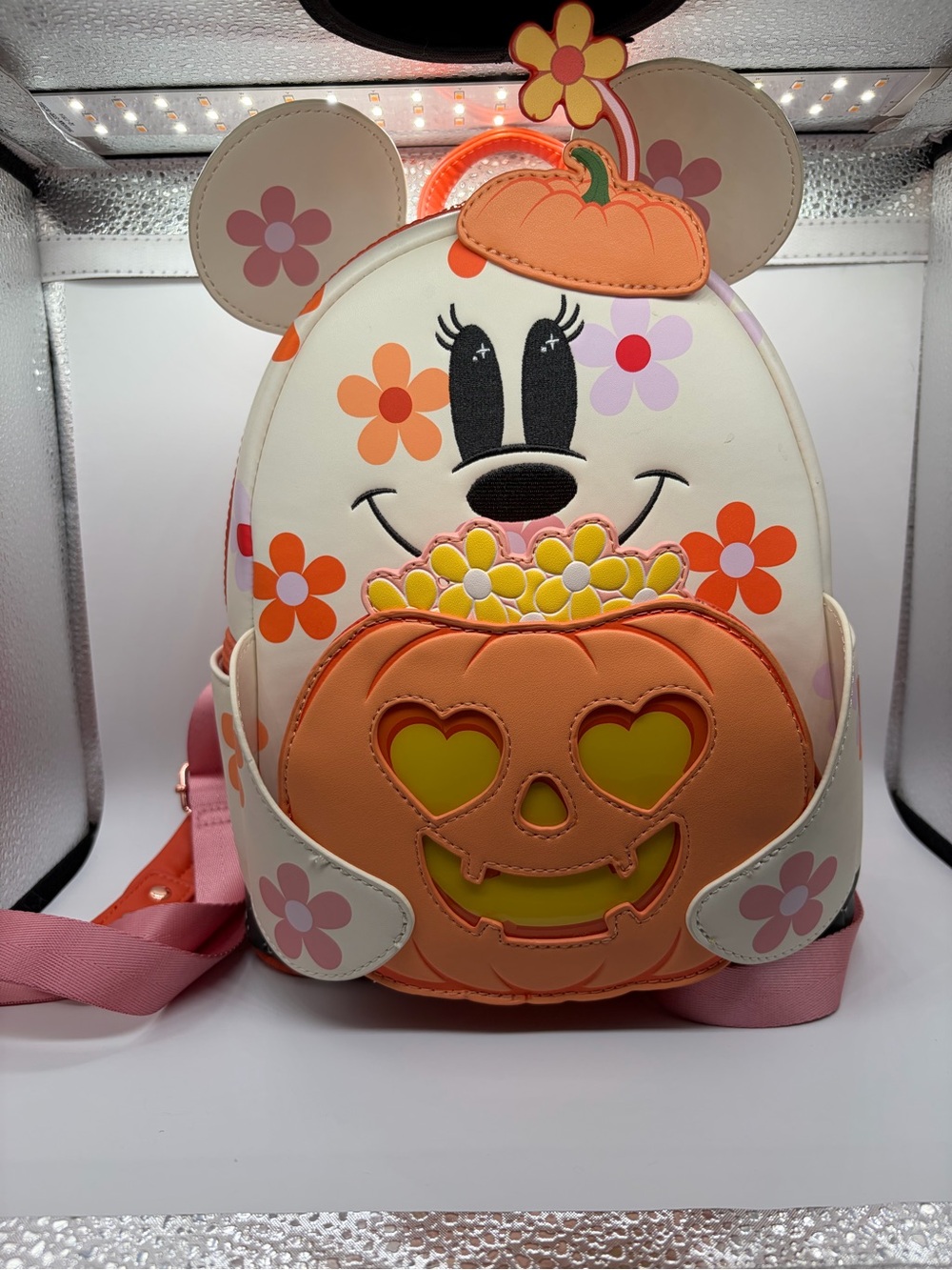 Loungefly Minnie Pumpkin Floral Light-Up Mini-Backpack- White & Orange - Picture 3 of 8